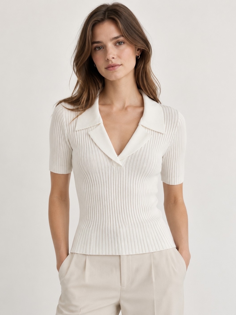 Sandro Ivory Ribbed Knit V-Neck Short Sleeve Top Size 0